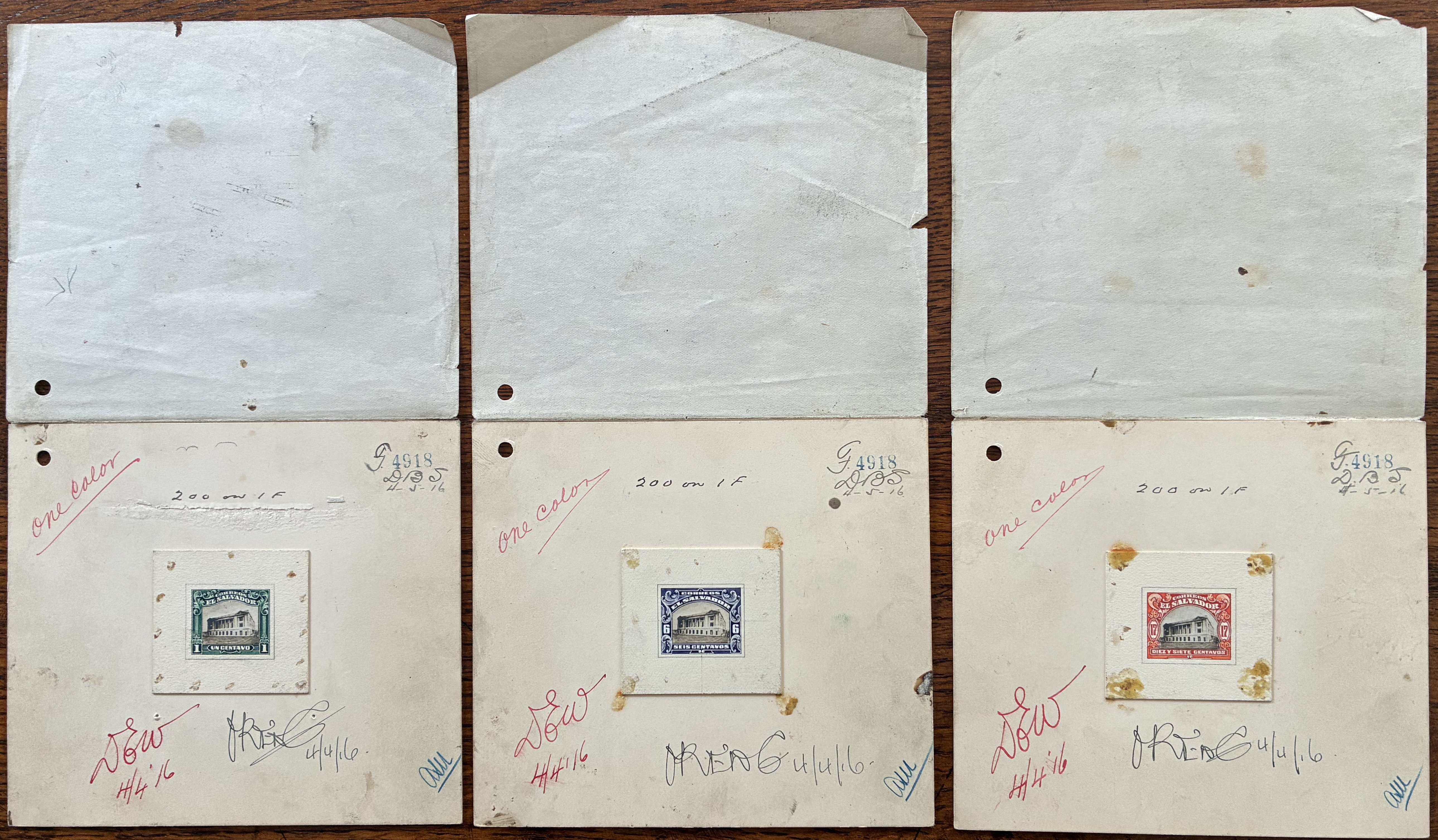 Hand-painted essays from the ABN Co. stamp archive 1916 timbres-poste Briefmarken stamps El Salvador Tram Trolley Tranvia National Theatre teatro nacional 